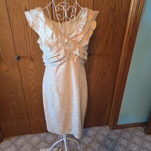 London Times Size 8 Champagne Lace Sheath Dress Ruffle Shoulder Cocktail Lined